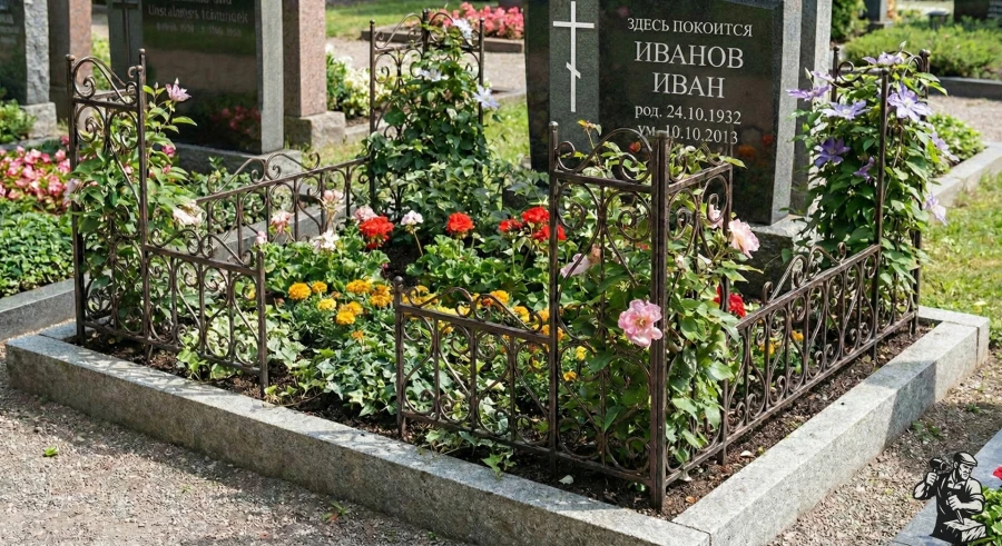 uhozhennoe-zahoronenie-s-kovanoj-ogradoj-i-tsvetnikom